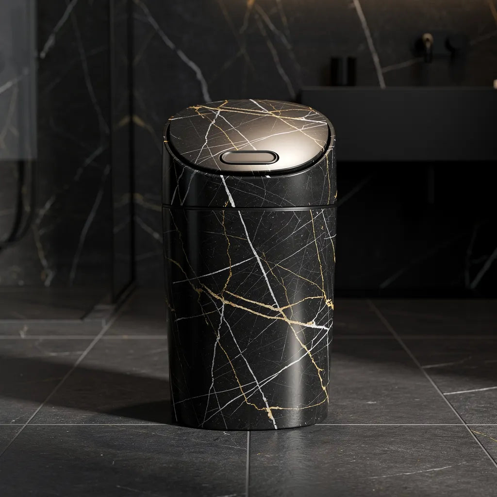 Lixeira multiuso mármore preto em banheiro sofisticado escuro com piso de pedra e revestimento de mármore - Vittara Decor