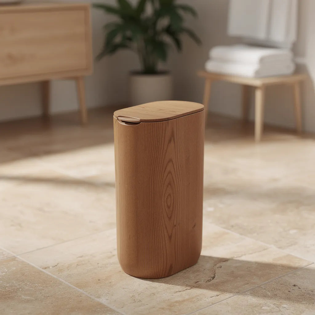 Lixeira multiuso madeira marrom em banheiro estilo spa com piso travertino elementos naturais e luz suave - Vittara Decor