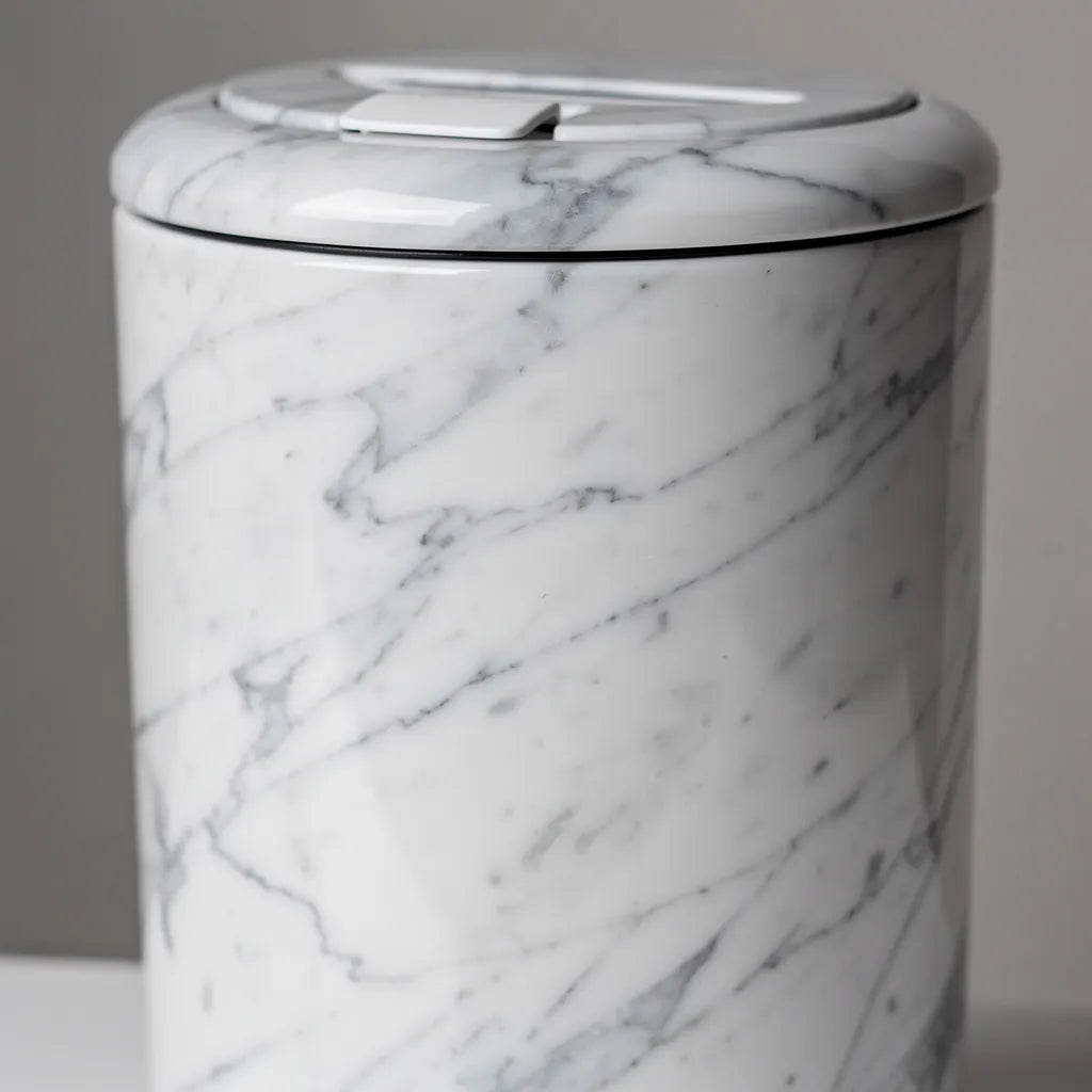 Close-up da textura de mármore branco Carrara com veios cinza na superfície da lixeira multiuso - Vittara Decor