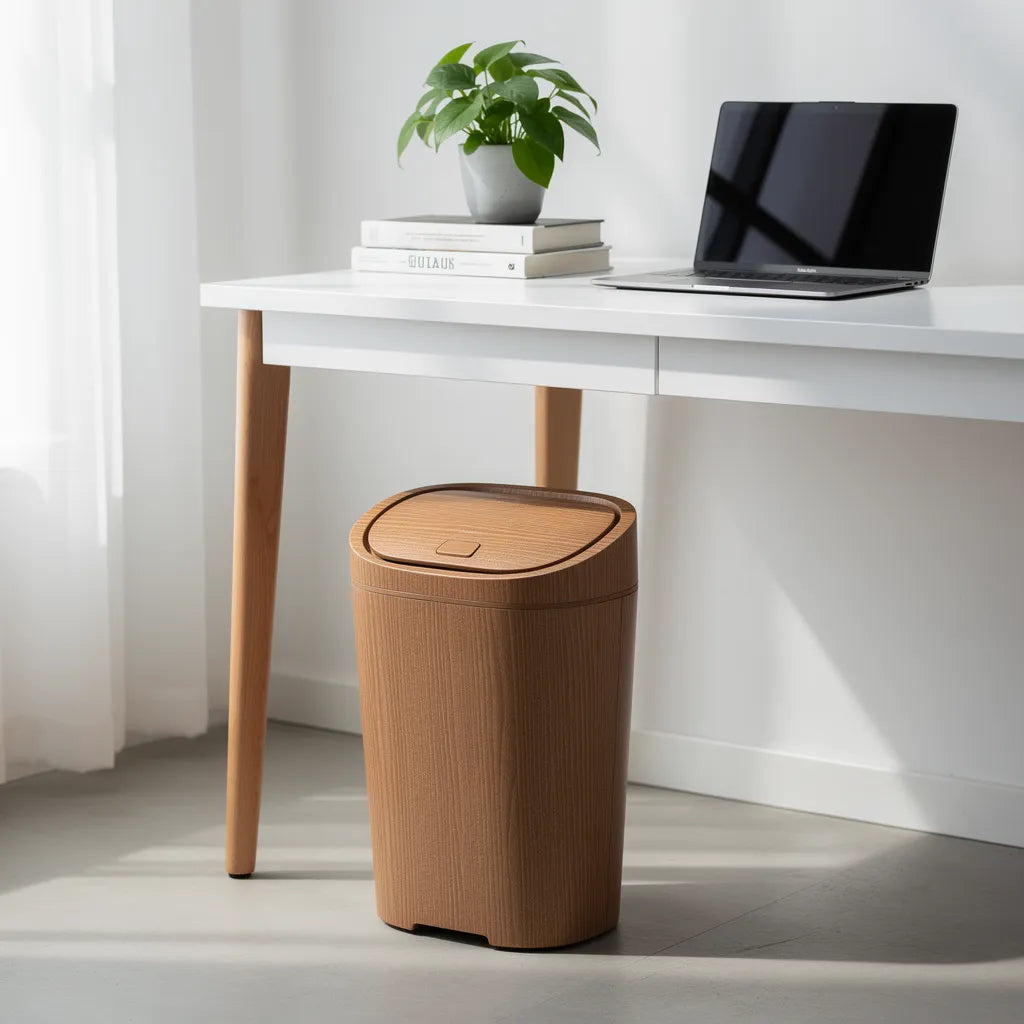 Lixeira multiuso madeira marrom ao lado de mesa de escritório em home office com elementos naturais e luz natural - Vittara Decor