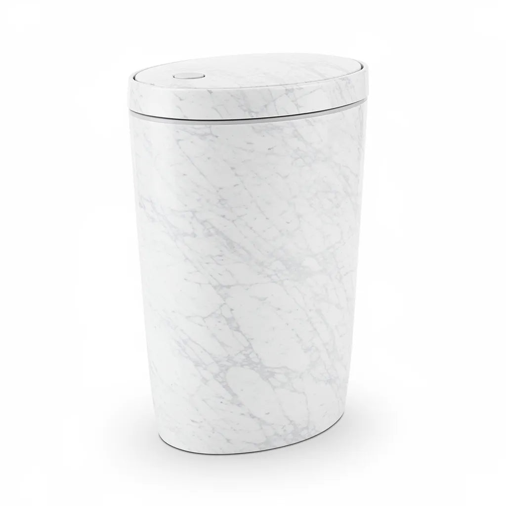 Lixeira multiuso com tampa design moderno mármore branco em fundo branco mostrando perfil oval slim e textura de mármore - Vittara Decor