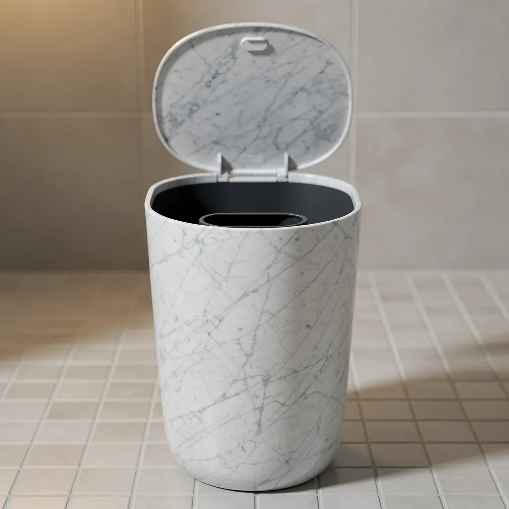 Interior da lixeira multiuso mármore branco com tampa totalmente aberta mostrando balde interno e abertura oval - Vittara Decor