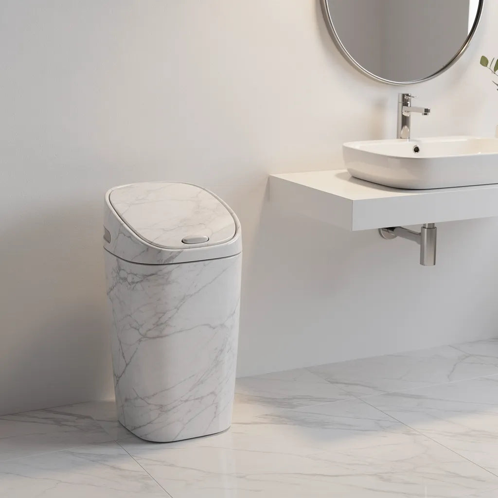 Lixeira multiuso mármore branco em lavabo minimalista ao lado de pia de parede com torneira cromada e espelho oval - Vittara Decor