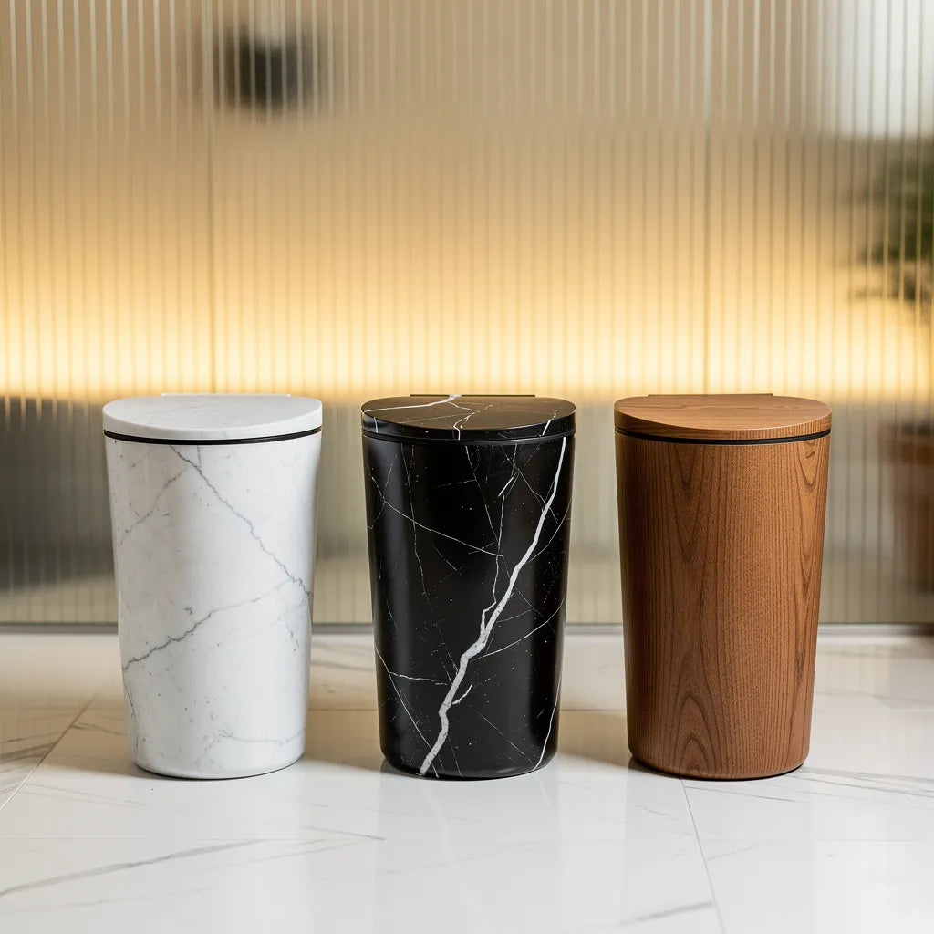 Lixeira multiuso disponível em três versões lado a lado mármore branco mármore preto e madeira marrom - Vittara Decor