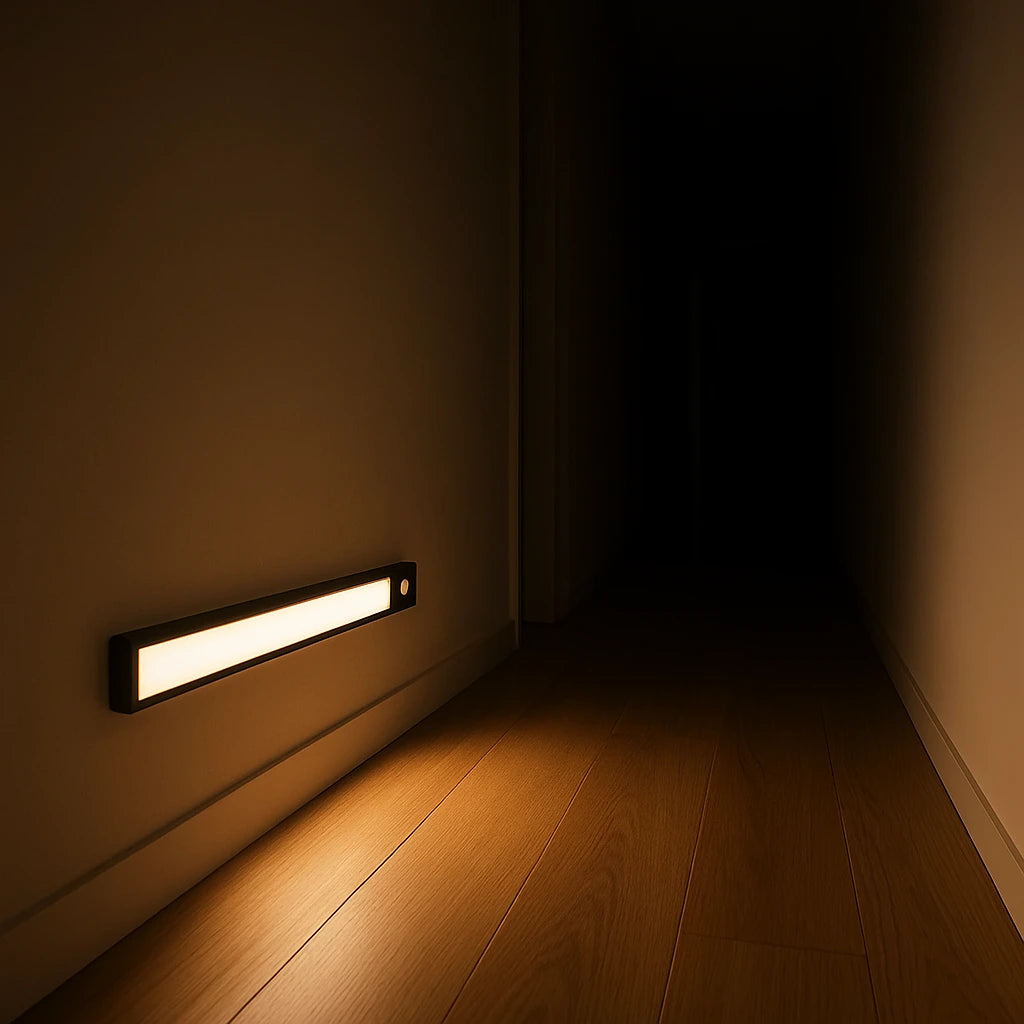 Luminária barra LED recarregável com sensor instalada em corredor escuro criando faixa de luz no rodapé - Vittara Decor