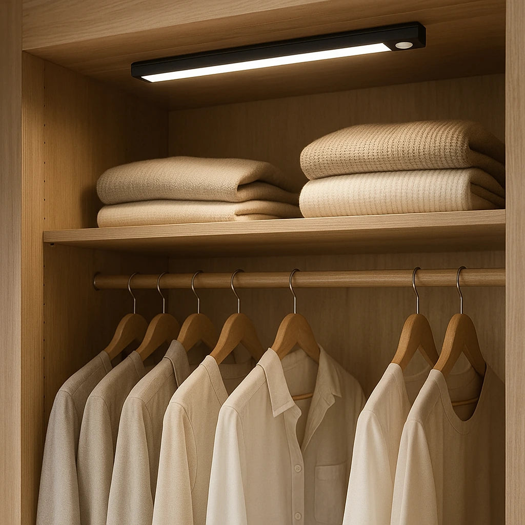 Luminária barra LED com sensor instalada dentro de guarda-roupa de quarto iluminando roupas - Vittara Decor