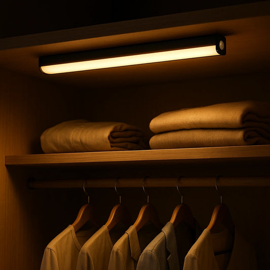 Luminária barra LED recarregável com sensor de movimento acendendo automaticamente no guarda-roupa - Vittara Decor