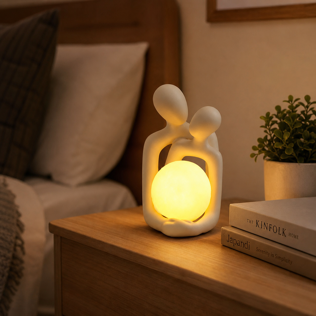 Luminária de casal abraçado acesa na mesa de cabeceira à noite - Vittara Decor