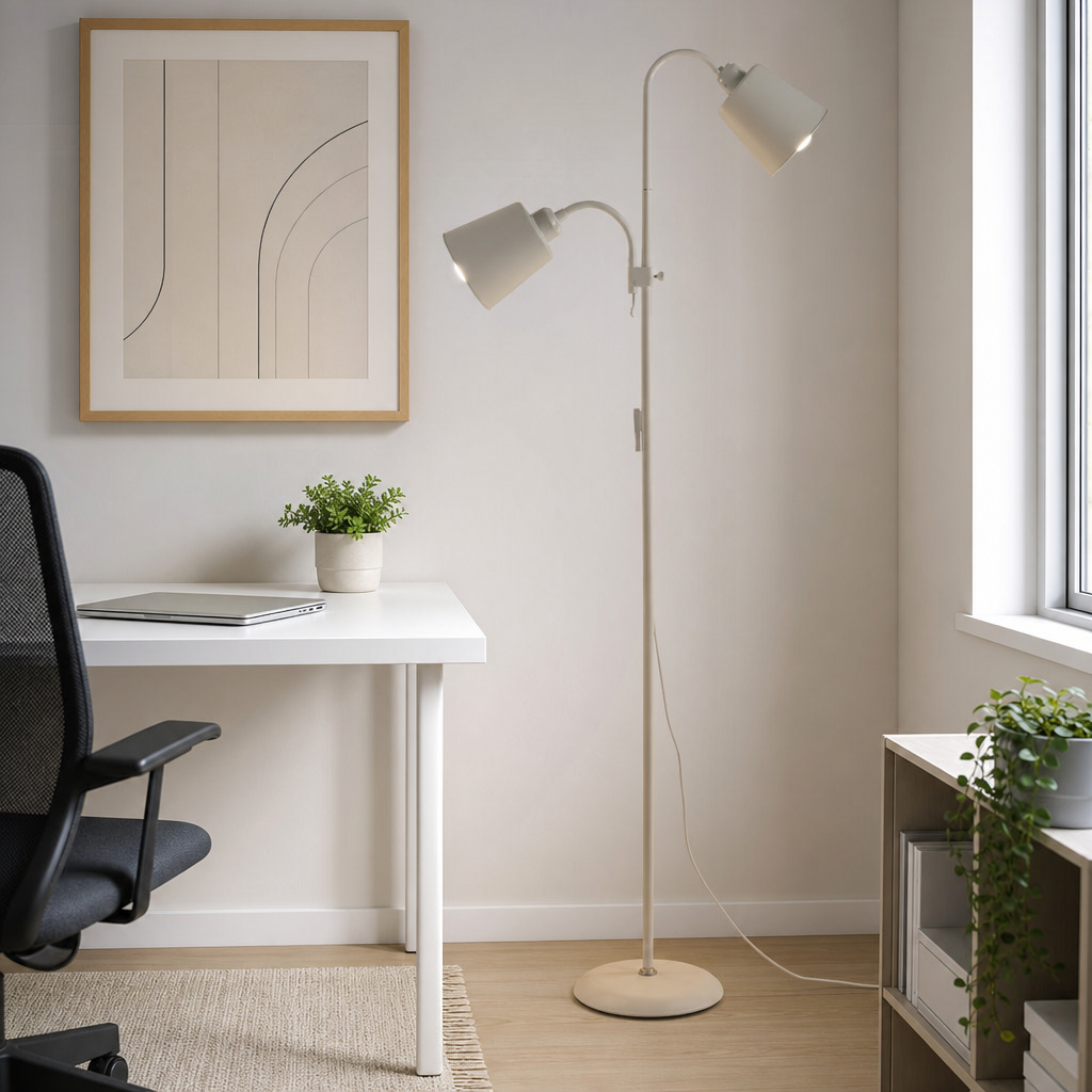 Luminária de chão ajustável branca em home office ao lado da escrivaninha - Vittara Decor