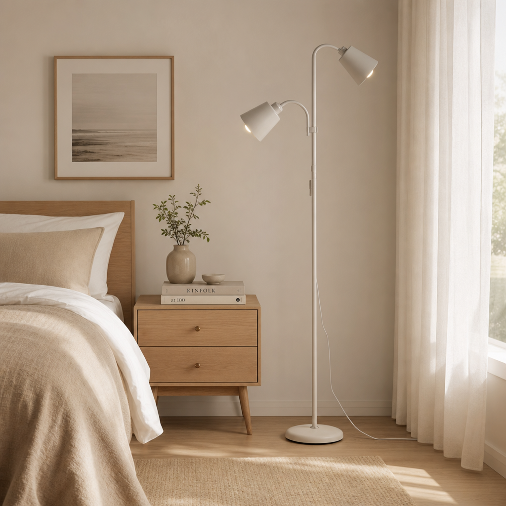 Luminária de chão ajustável branca no quarto ao lado da cama e criado de madeira - Vittara Decor
