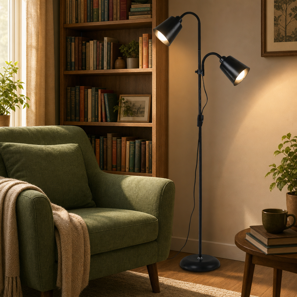 Luminária de chão ajustável preta acesa junto a poltrona verde e estante de livros - Vittara Decor