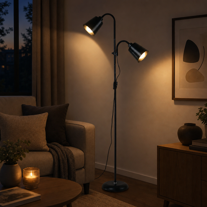 Luminária de chão ajustável preta com as 2 cúpulas acesas à noite na sala - Vittara Decor
