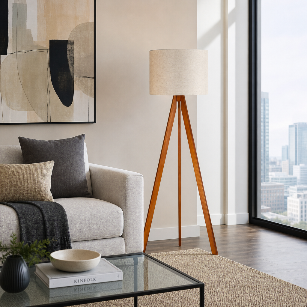 Luminária de chão tripé de madeira em apartamento com mesa de vidro e vista da cidade - Vittara Decor