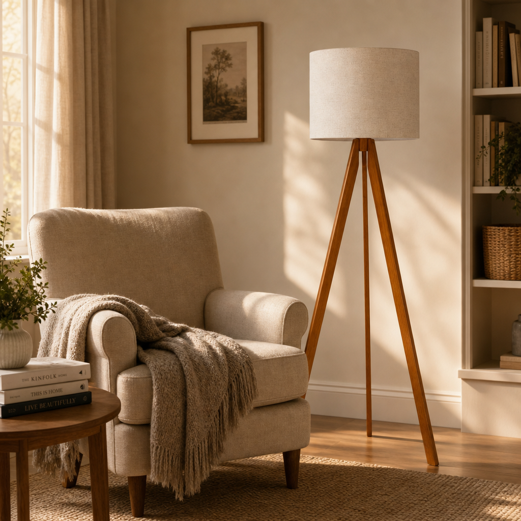 Luminária de chão tripé ao lado de poltrona com manta em cantinho de leitura - Vittara Decor