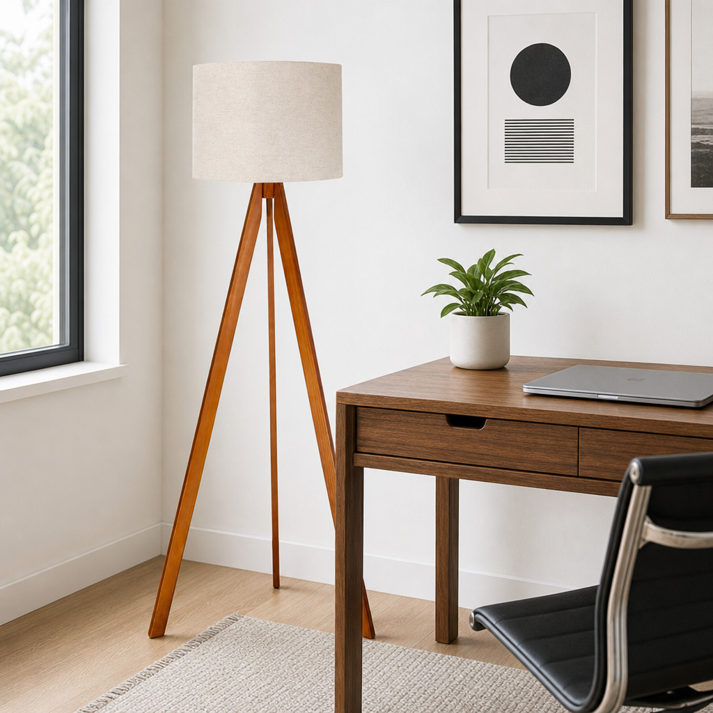Luminária de chão tripé em home office junto à escrivaninha de madeira - Vittara Decor