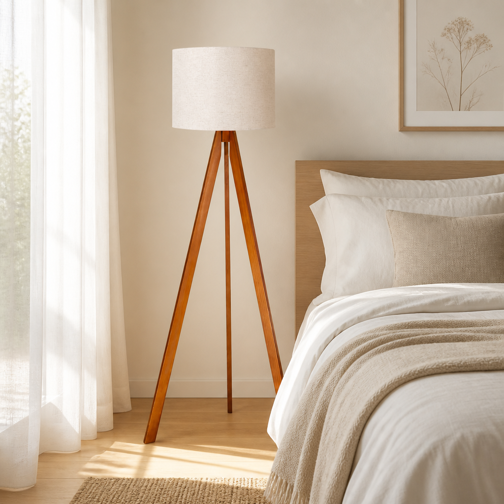 Luminária de chão tripé de madeira no quarto ao lado da cama com roupa de cama clara - Vittara Decor