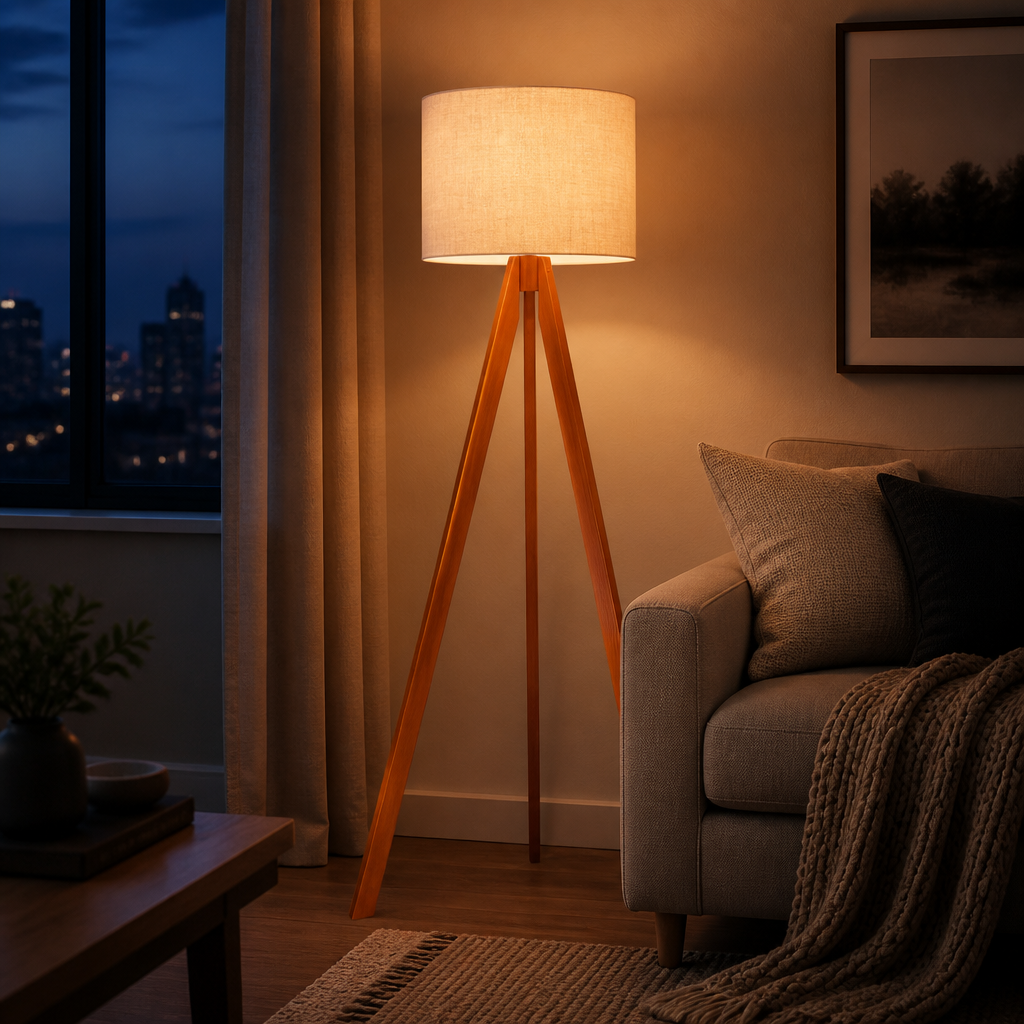 Luminária de chão tripé acesa à noite com luz quente difusa pela cúpula de linho - Vittara Decor