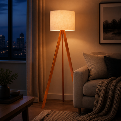 Luminária de chão tripé acesa à noite com luz quente difusa pela cúpula de linho - Vittara Decor