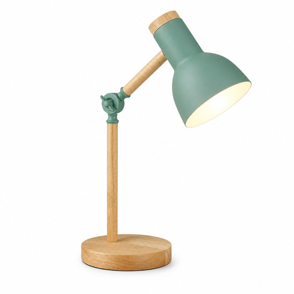 Luminária de mesa articulada verde com base de madeira em fundo branco - Vittara Decor
