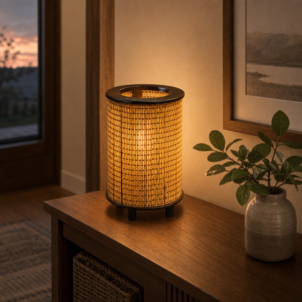 Luminária de fibra natural sobre aparador de hall ao entardecer - Vittara Decor