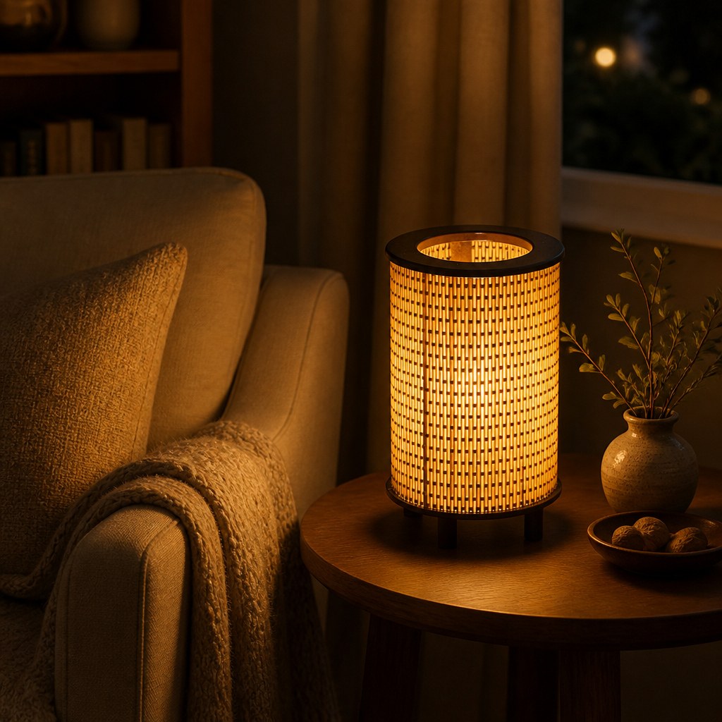 Luminária de fibra natural em canto de leitura com poltrona e manta - Vittara Decor