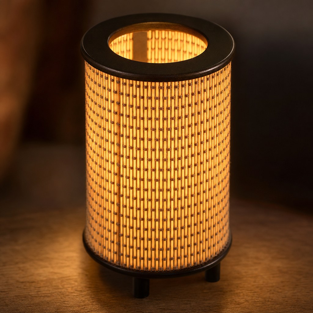 Detalhe da trama de fibra natural com luz quente atravessando a cúpula - Vittara Decor