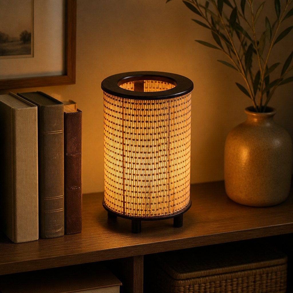 Luminária de fibra natural acesa em prateleira de sala com livros e vaso - Vittara Decor