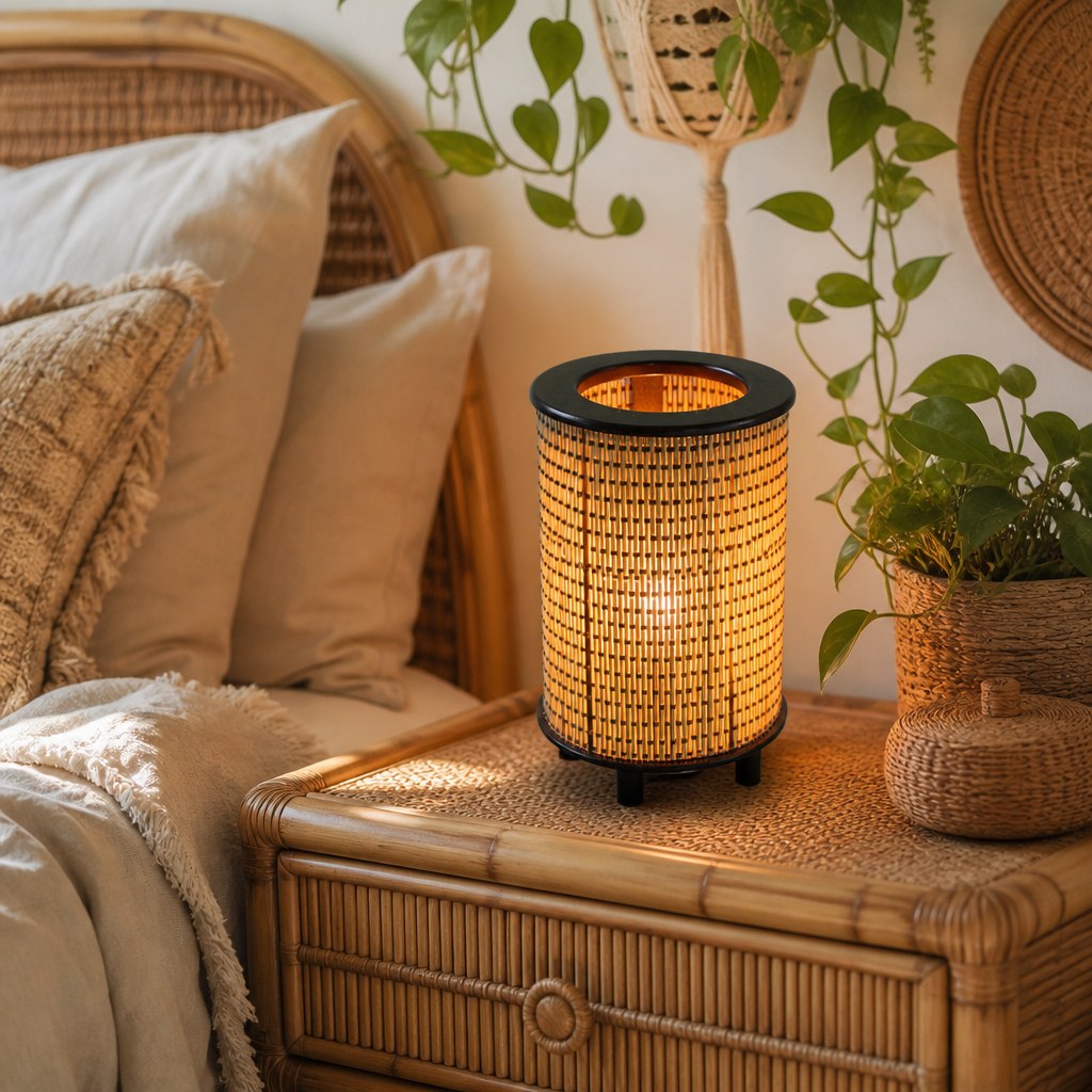 Luminária de fibra natural em quarto boho com plantas e cabeceira de rattan - Vittara Decor