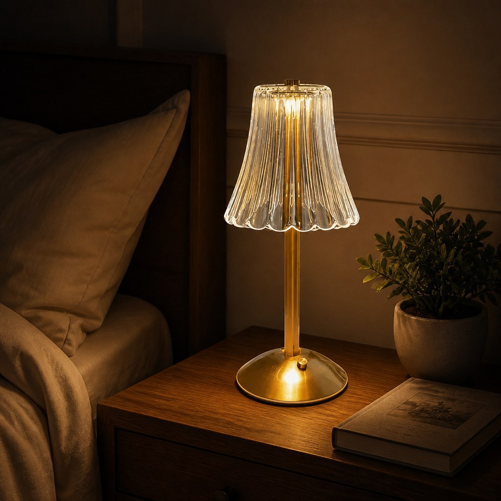 Luminária de mesa sem fio acesa na cabeceira do quarto à noite com livro - Vittara Decor