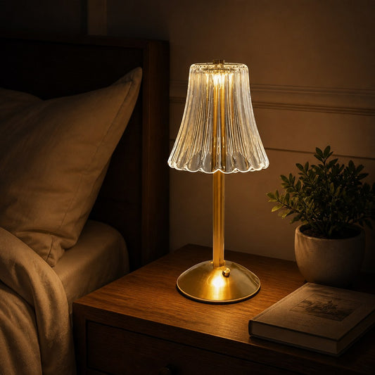 Luminária de mesa sem fio acesa na cabeceira do quarto à noite com livro - Vittara Decor