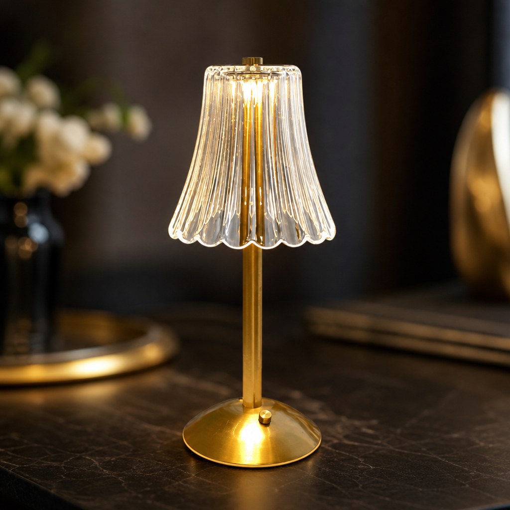 Detalhe da cúpula de cristal canelada e da haste dourada da luminária - Vittara Decor