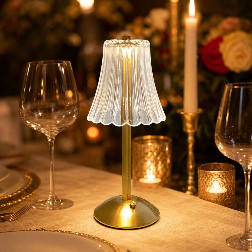 Luminária de mesa sem fio em jantar à luz de velas com taças de vinho - Vittara Decor