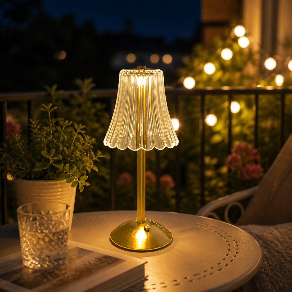 Luminária de mesa sem fio na varanda à noite com luzinhas suaves ao fundo - Vittara Decor