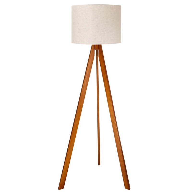 Luminária de chão tripé de madeira com cúpula de linho em fundo branco - Vittara Decor