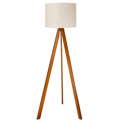 Luminária de chão tripé de madeira com cúpula de linho em fundo branco - Vittara Decor