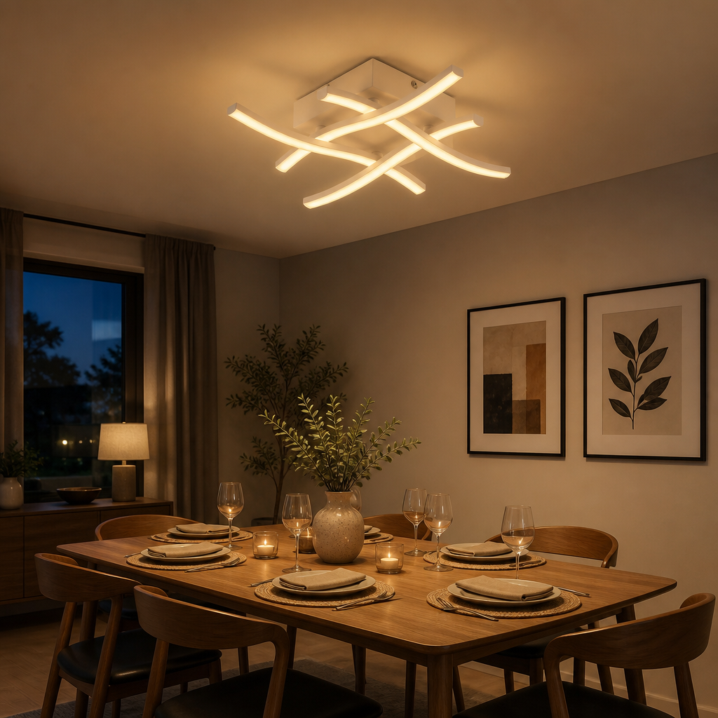 Luminária de Teto LED Curva branca sobre mesa de jantar posta com luz 3000K - Vittara Decor