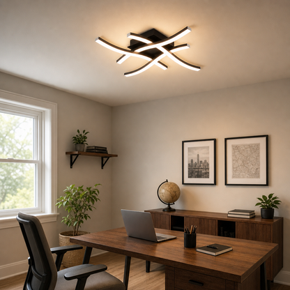 Luminária de Teto LED Curva preta em home office com escrivaninha de madeira - Vittara Decor