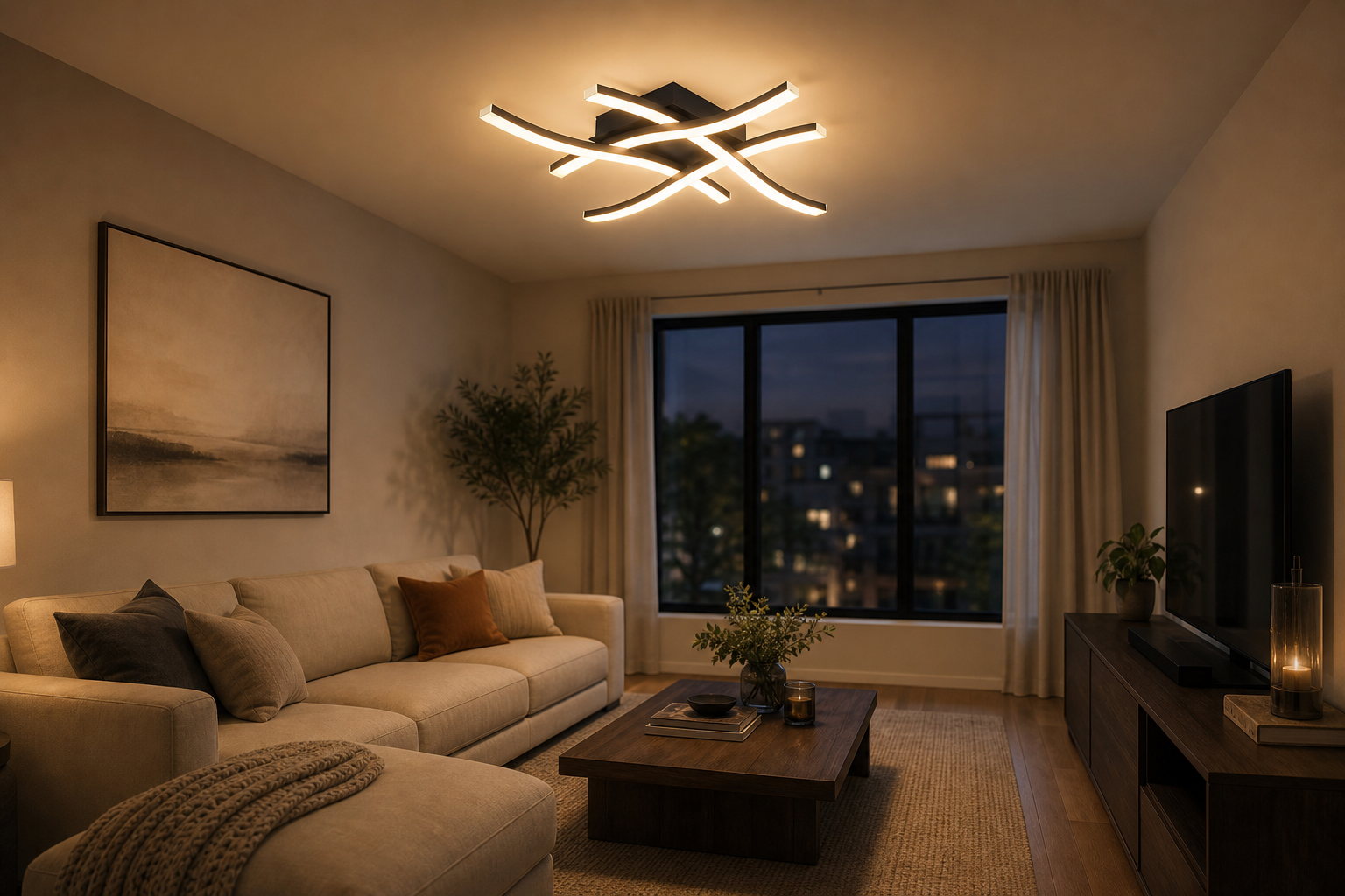 Luminária de Teto LED Curva preta em sala de estar com sofá claro e luz quente - Vittara Decor