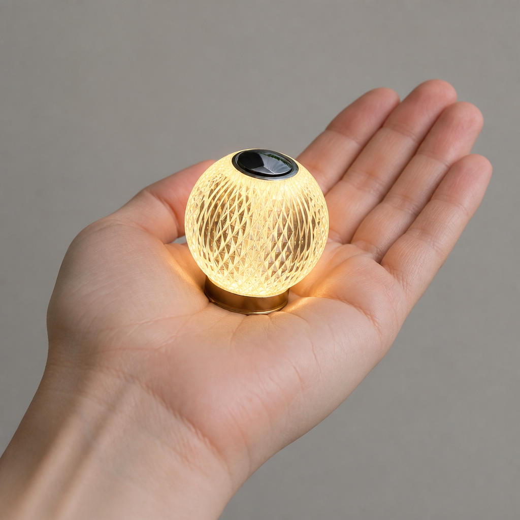 Luminária esfera facetada apoiada na palma da mão, mostrando o tamanho compacto