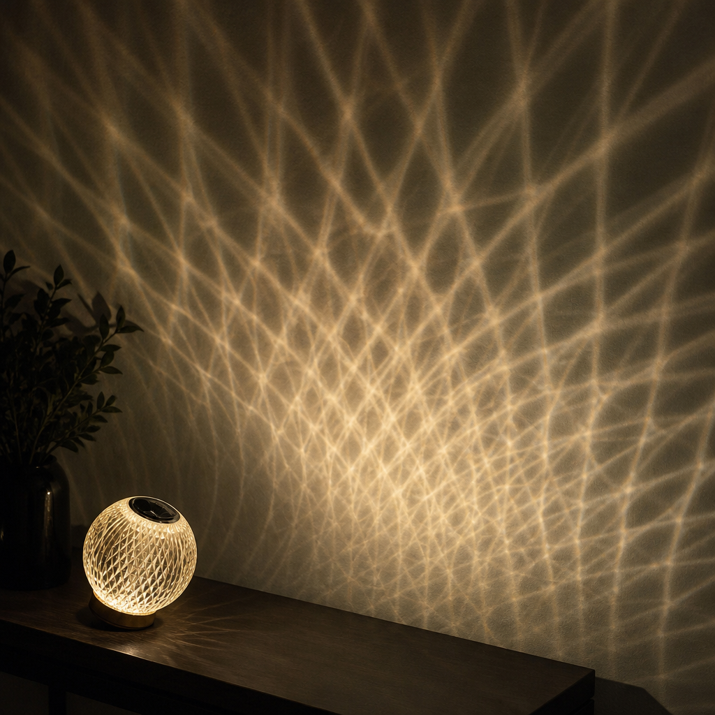 Padrão de luz rendado projetado na parede pela luminária esfera facetada