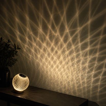 Padrão de luz rendado projetado na parede pela luminária esfera facetada