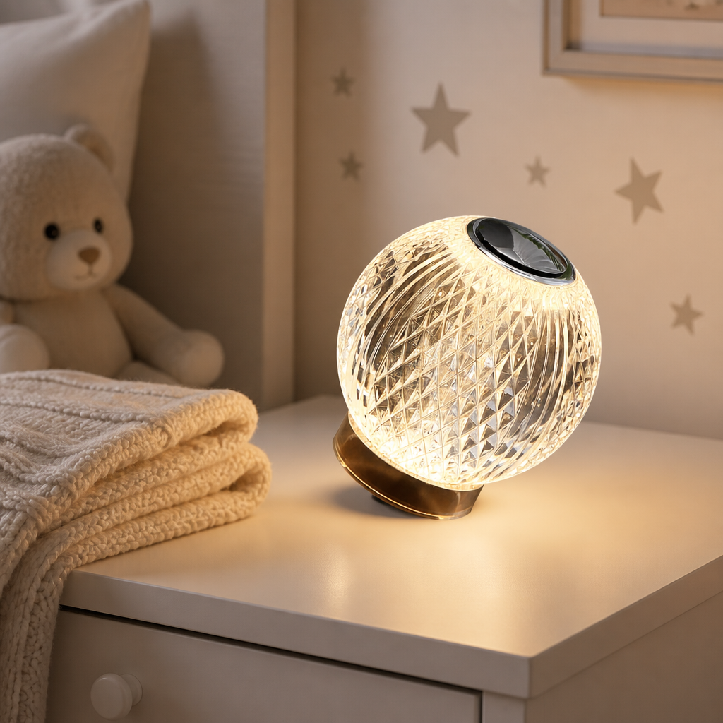 Luminária esfera facetada usada como luz noturna em quarto infantil