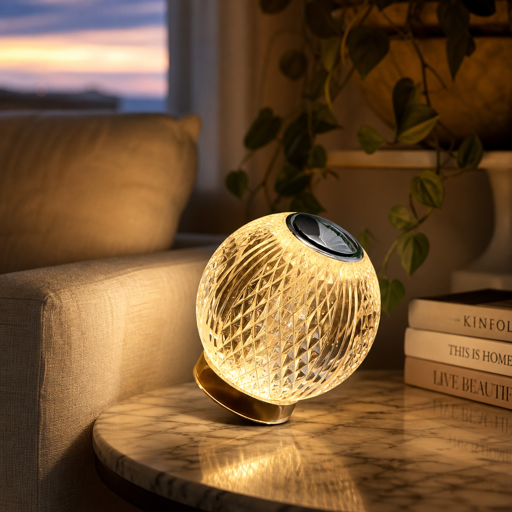 Luminária esfera facetada acesa em mesa lateral de mármore na sala de estar