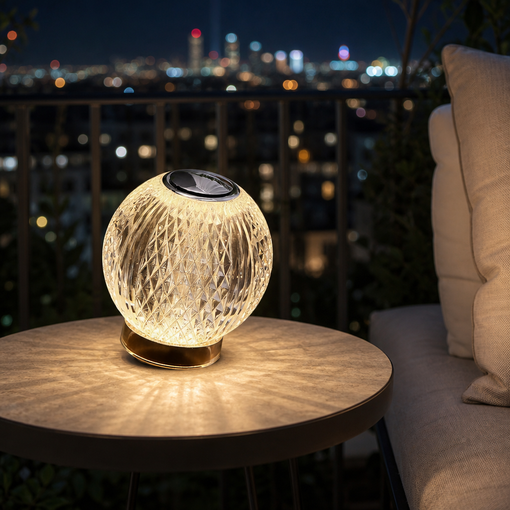 Luminária esfera facetada acesa em mesa de varanda à noite