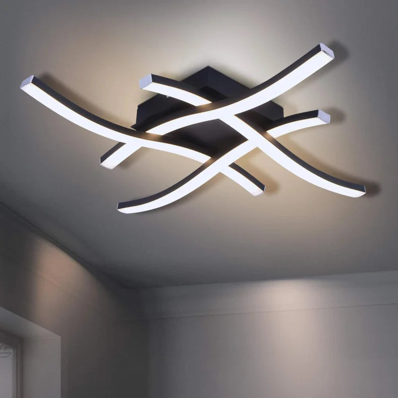 Luminária de Teto LED Curva preta com 4 hastes onduladas acesa no teto - Vittara Decor