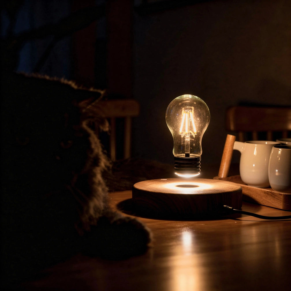 Luminária levitação magnética com glow futurista em ambiente escurecido — Vittara Decor