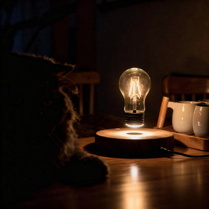 Luminária levitação magnética com glow futurista em ambiente escurecido — Vittara Decor