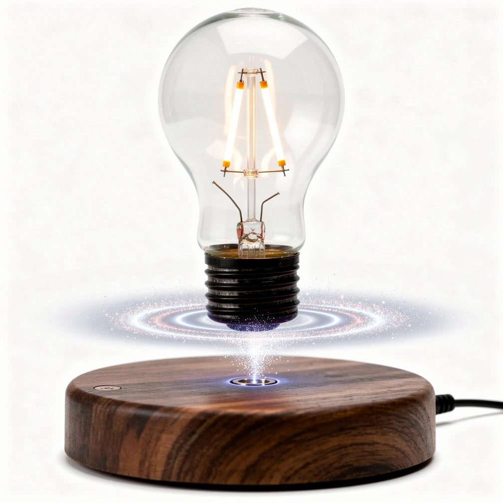 Detalhe da levitação magnética com lâmpada flutuante rotativa — Vittara Decor