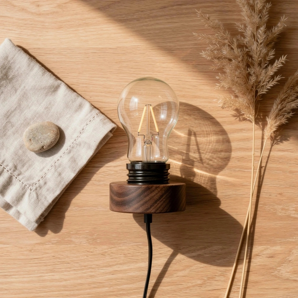 Flat lay nórdico com luminária levitação magnética e props decorativos — Vittara Decor