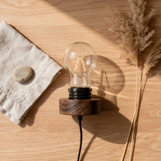 Flat lay nórdico com luminária levitação magnética e props decorativos — Vittara Decor